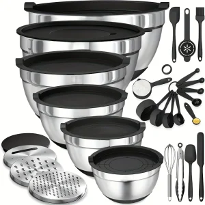 17pcs. Non-Slip Stainless Steel Mixing Bowl Set With Lids, Grater Attachments & Cooking Utensils